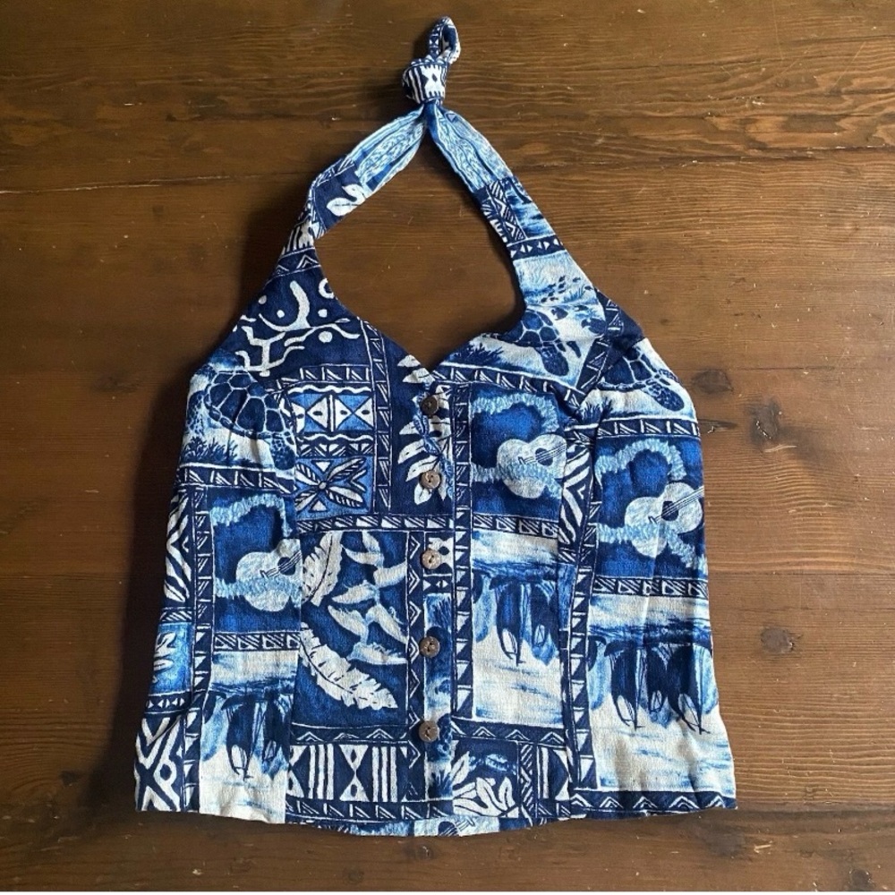 Vintage Hilo Hattie Women’s Hawaiian Blue White Cotton Halter Top Festival SMALL